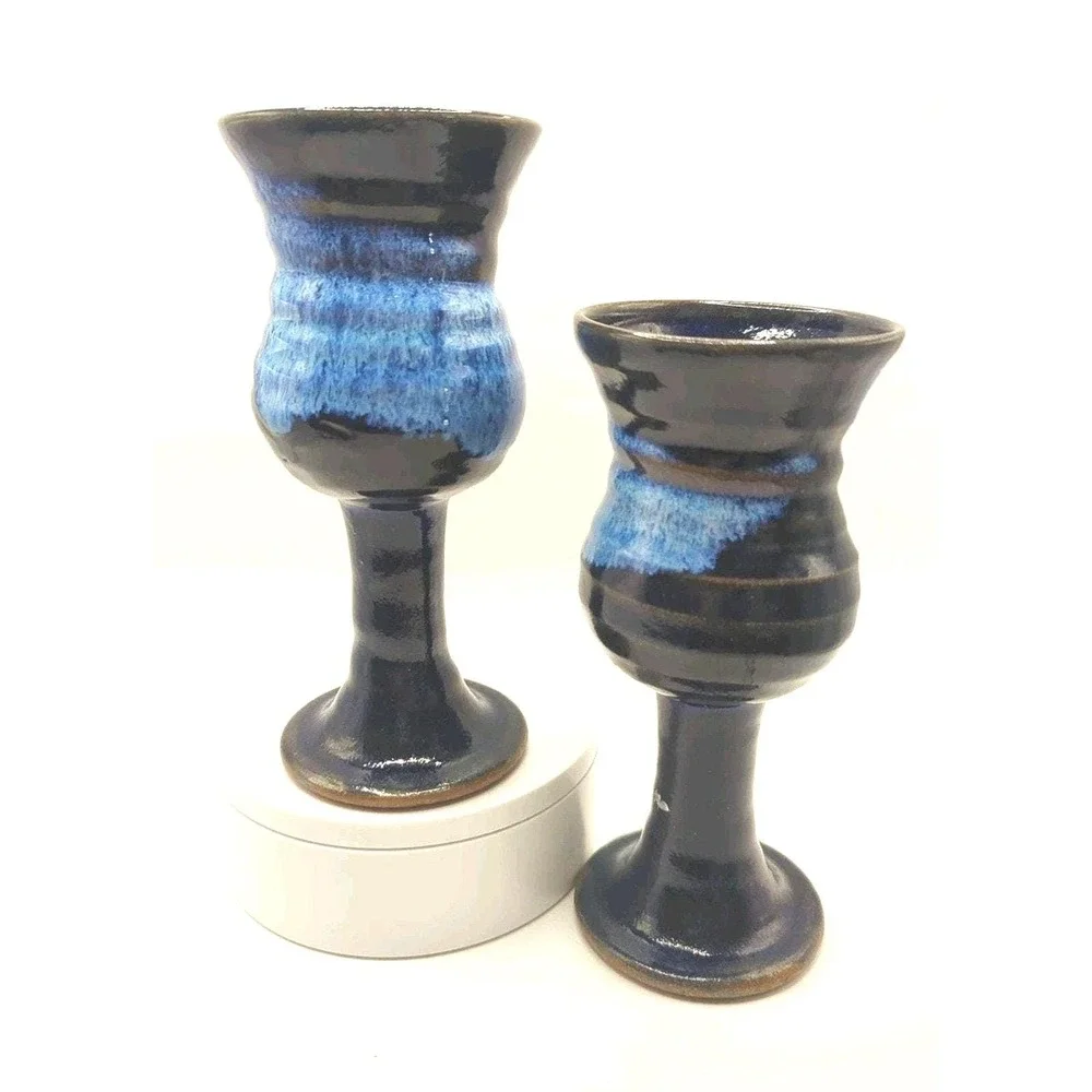 Vintage Studio Art Pottery Blue Drip Glaze Chalice Goblet Set 2 Piece 6.75in